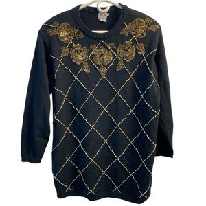 TanJay Vintage Black & Gold Floral Sweater With Gold Beading Oversized Sz L
